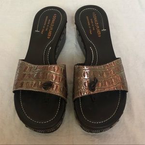 Metallic and Black Slip on Wedge Sandals